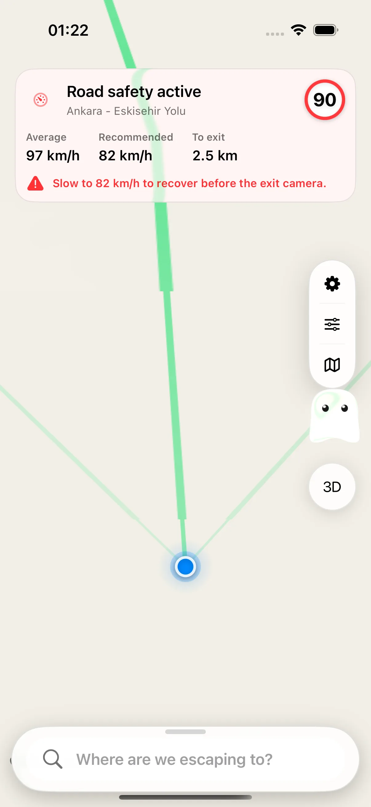 Average-speed zone showing current average, suggested speed, and distance to the exit